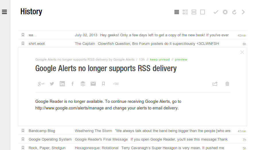 screenshot of feedly displaying Google Alerts' no-more-RSS notification